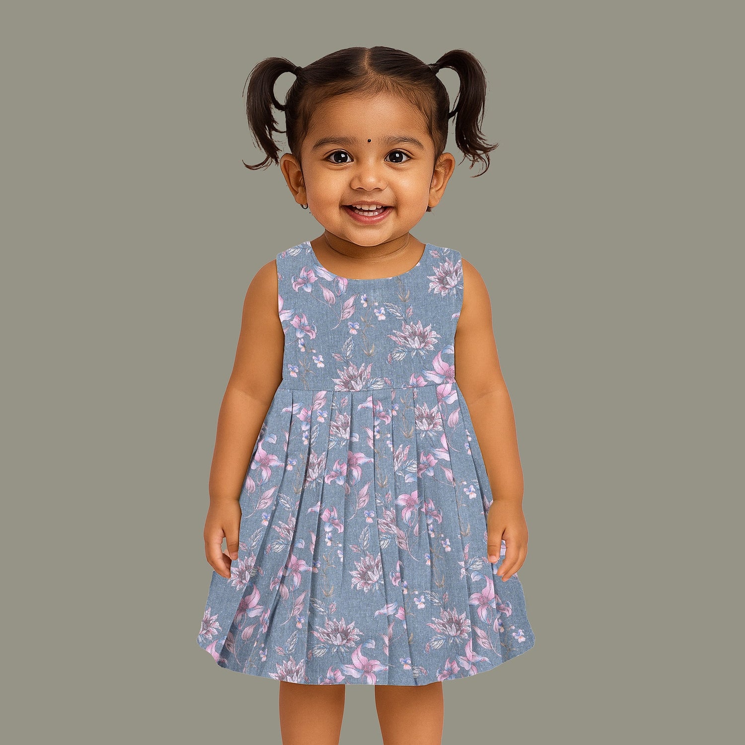 Sleeveless grey cotton frock with pink floral prints, neatly pleated and displayed on a wooden hanger under fresh orchids – from Boon Babies girlswear collection.
