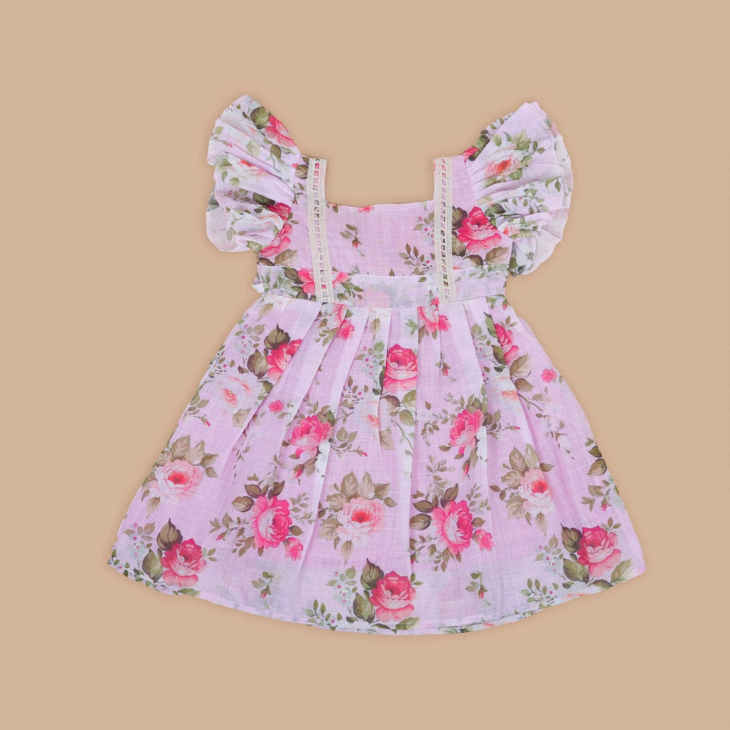 Elegant Light Pink Floral Printed Linen Frock for Girls – Ruffle Frill