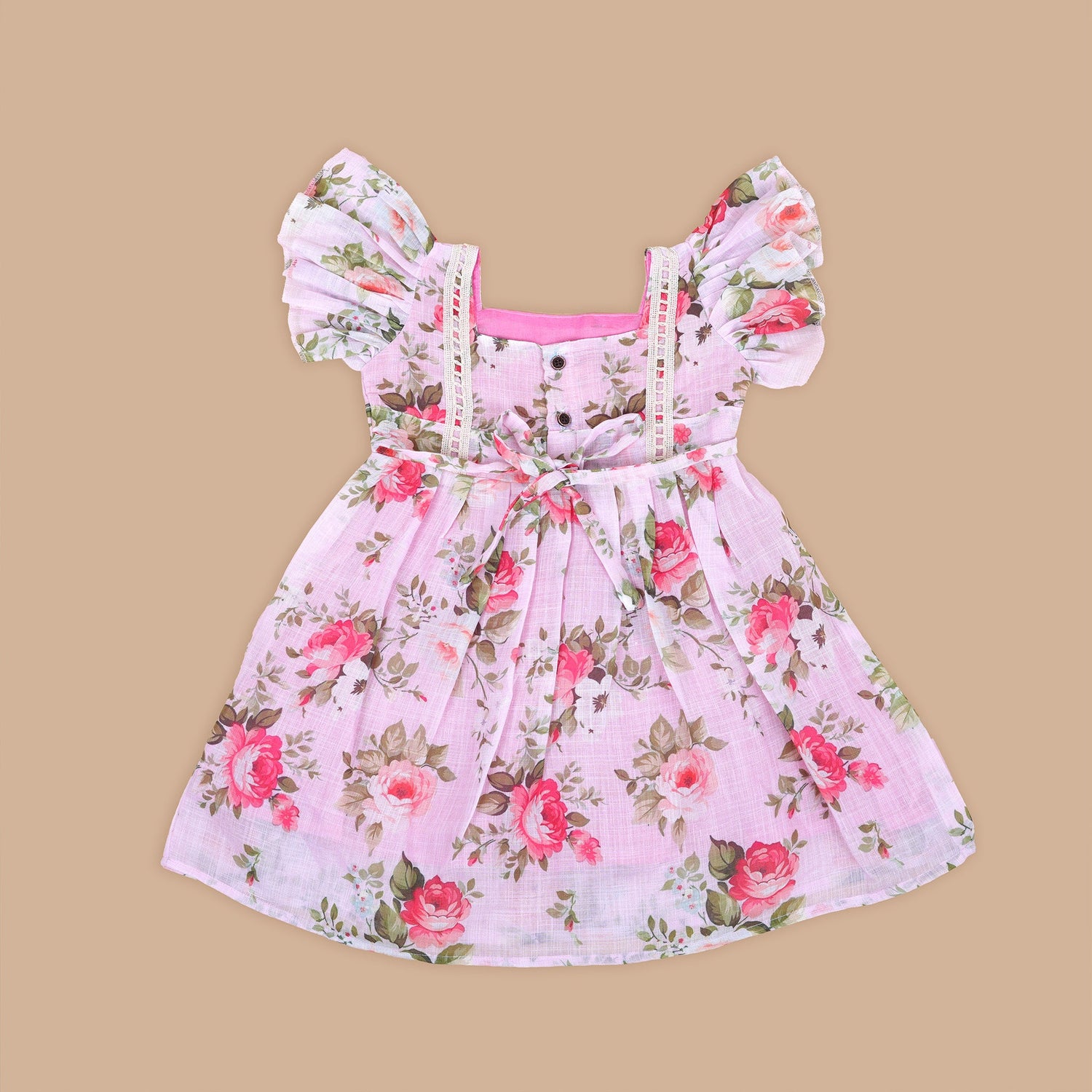 Elegant Light Pink Floral Printed Linen Frock for Girls – Ruffle Frill