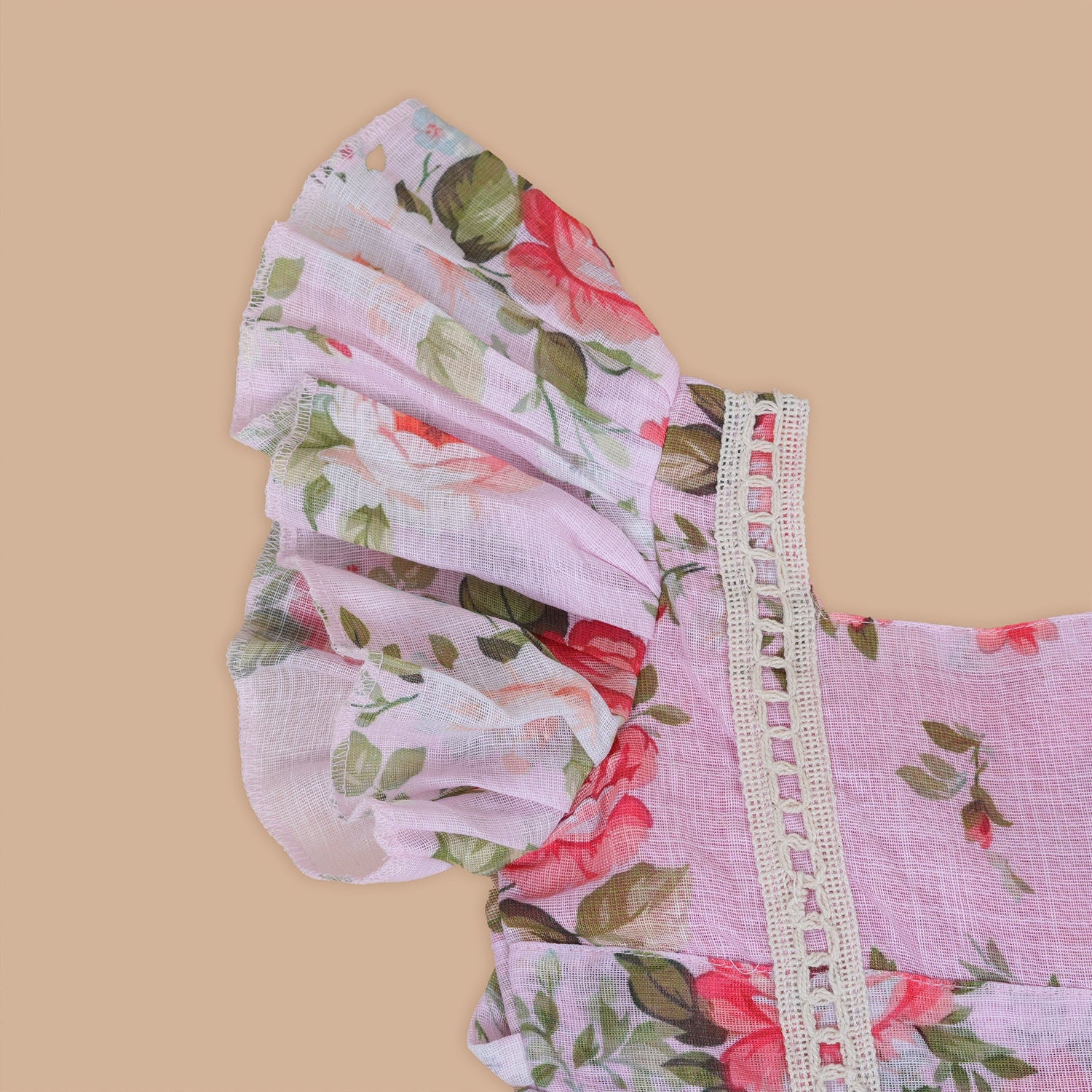 Elegant Light Pink Floral Printed Linen Frock for Girls – Ruffle Frill