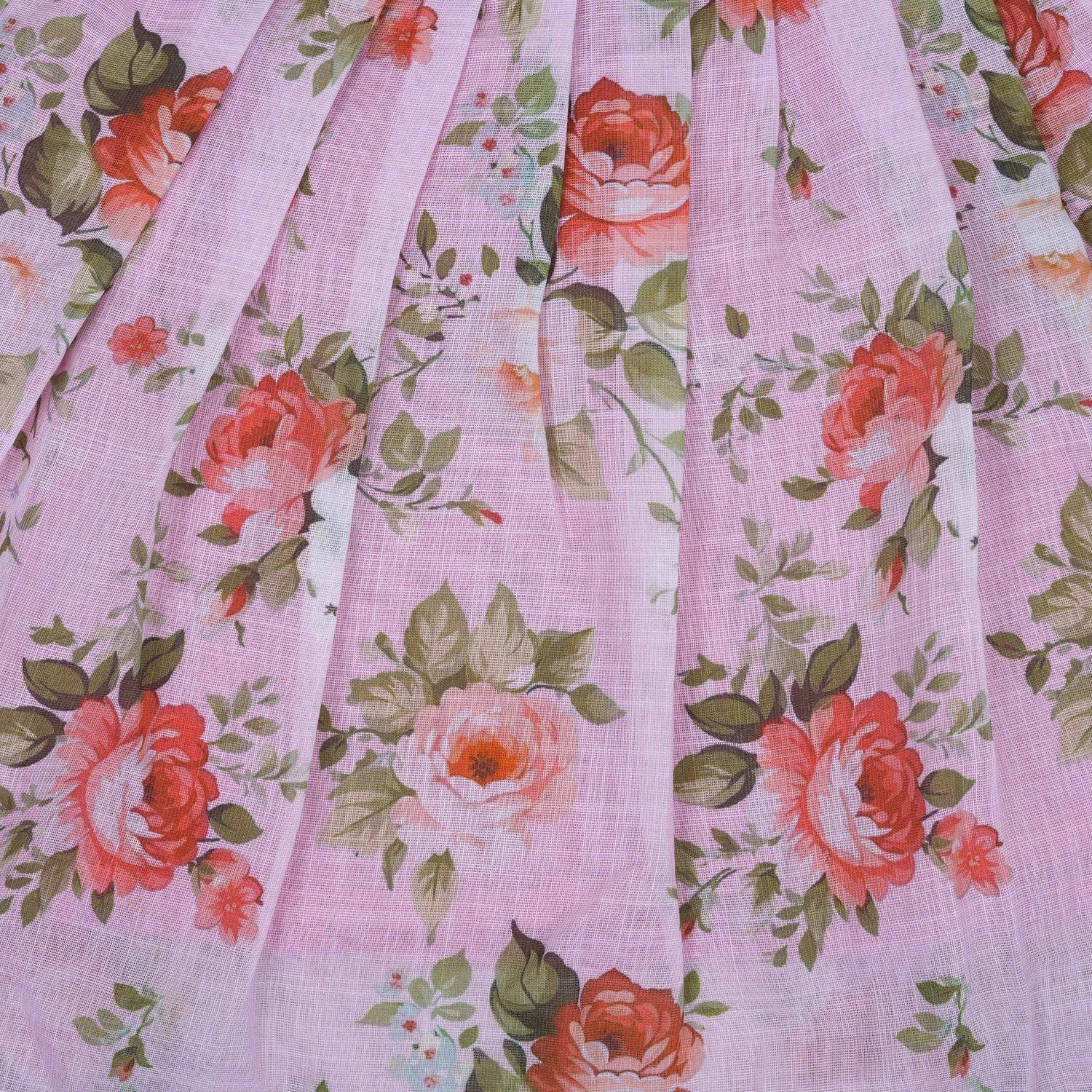 Elegant Light Pink Floral Printed Linen Frock for Girls – Ruffle Frill