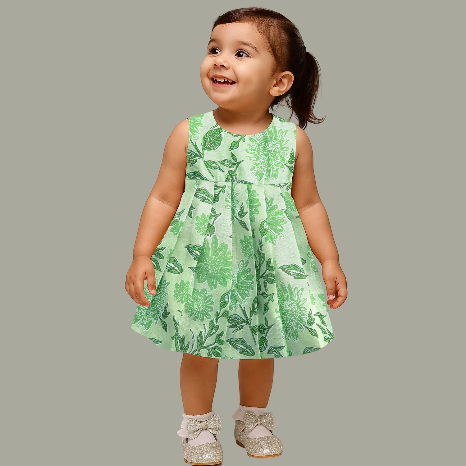 Mint Green Floral Slub Cotton Sleeveless Frock for Girls – Elegant Summer Dress