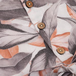 Elegant cotton frock with peach & grey leaf print and cap sleeves. Ideal for girls aged 6M to 5Y.