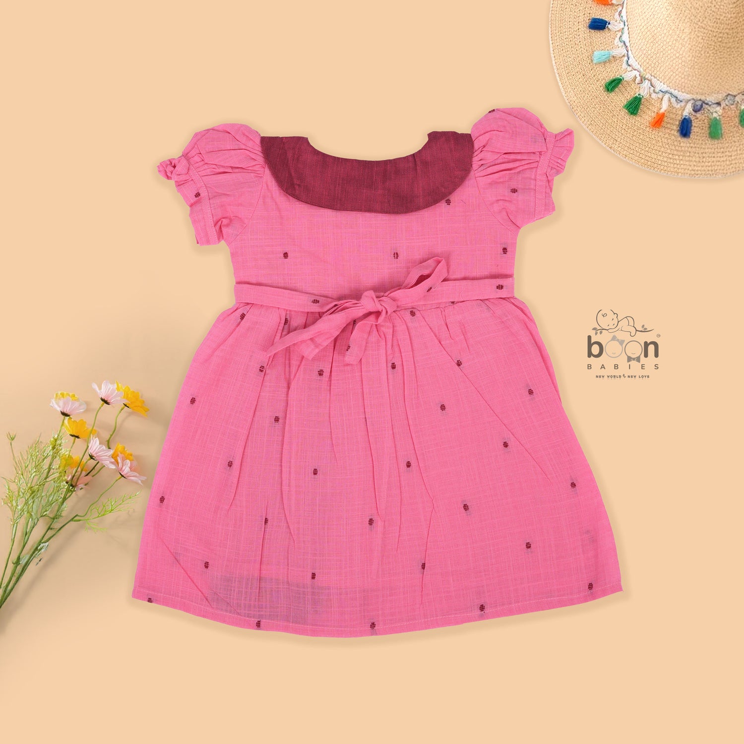 Pink Side Pleated Frock maroon collar & bow detailing. Sizes 6M–4Y. Perfect blend of comfort & festive charm for baby girls.