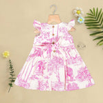 Pink wildlife print cotton frock with flutter sleeves for girls aged 6 months to 5 years. Breathable, soft and playful design from Boon Babies.
