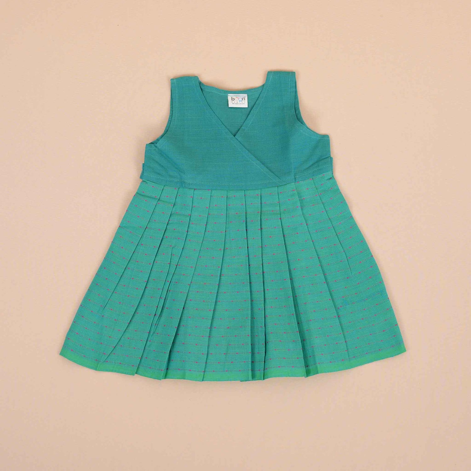 Traditional Pleated Cotton Frock – Teal Green