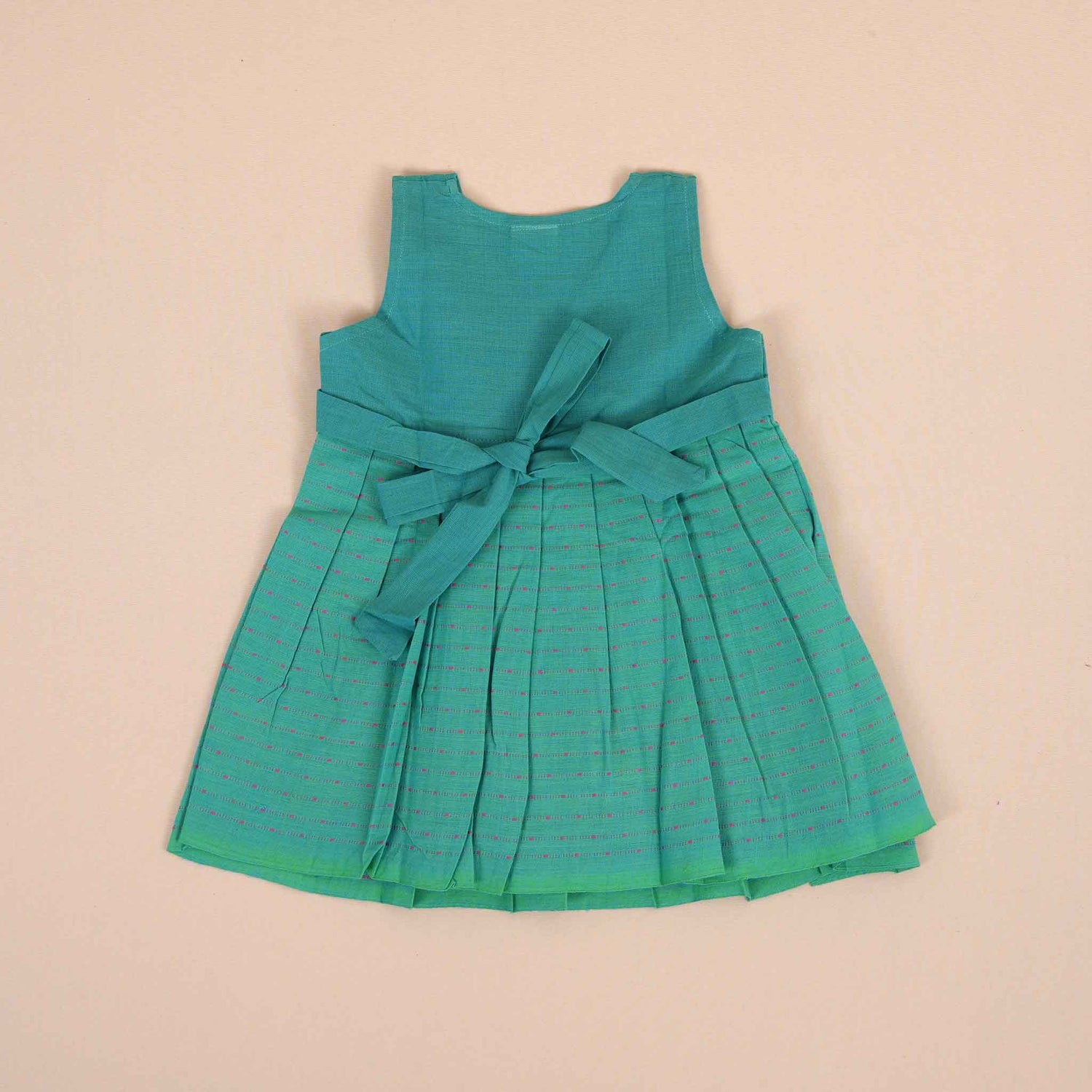 Traditional Pleated Cotton Frock – Teal Green