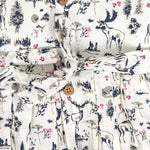 Toddler girl wearing a sleeveless white cotton frock with pink and green floral print – lightweight summer dress from Boon Babies, Coimbatore.