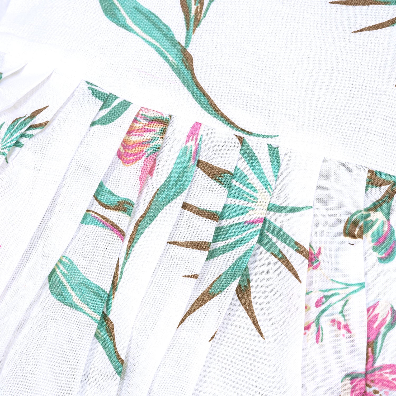 Toddler girl in a white sleeveless frock with navy blue and pink forest animal print – pure cotton summer dress from Boon Babies, Coimbatore.