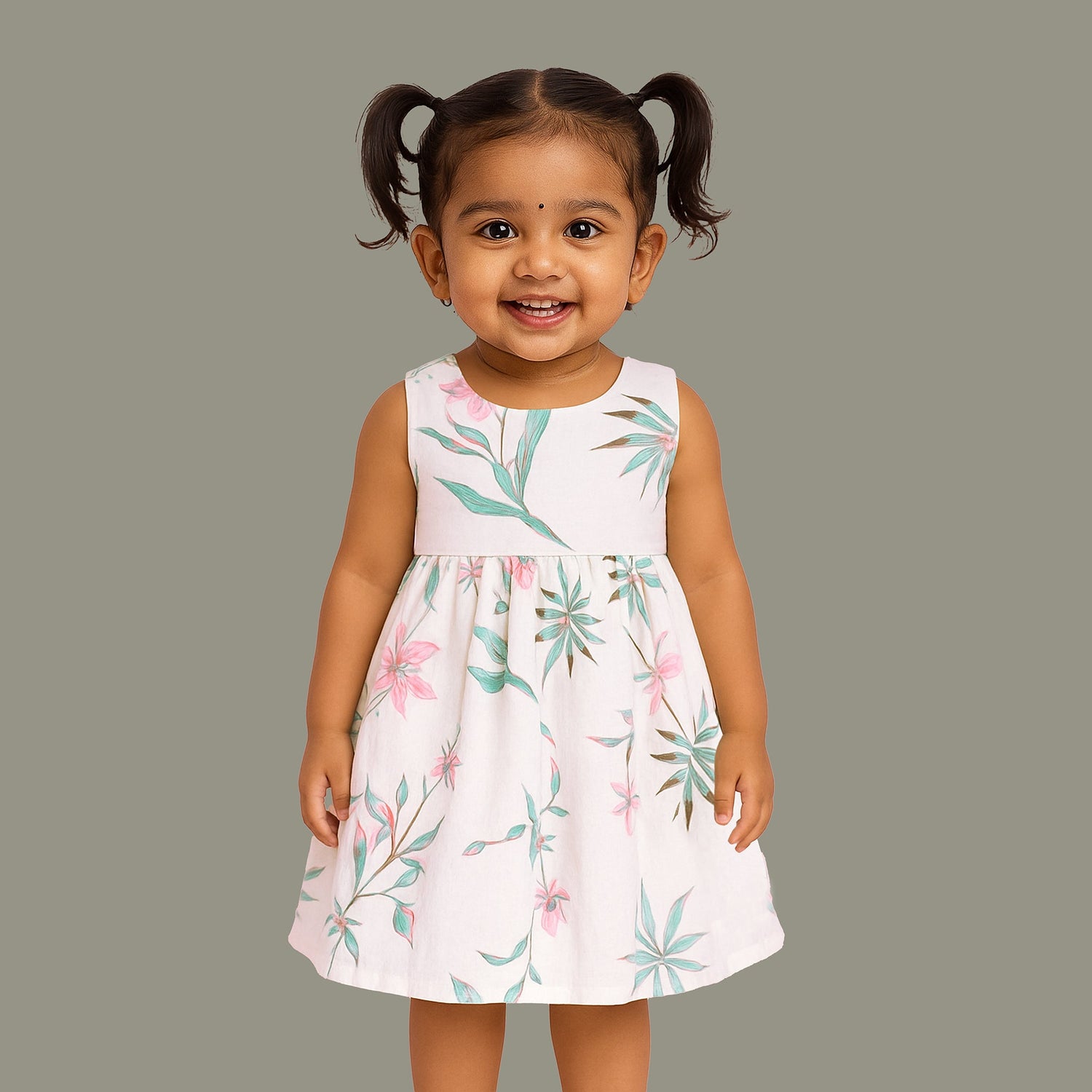 Toddler girl in a white sleeveless frock with navy blue and pink forest animal print – pure cotton summer dress from Boon Babies, Coimbatore.