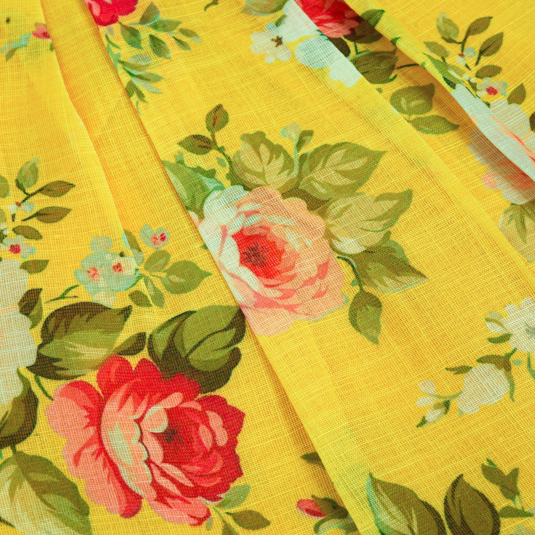 Cheerful yellow floral frock in soft linen with frill sleeves. Ages 6 months to 4 years. Summer-perfect wear for baby girls.
