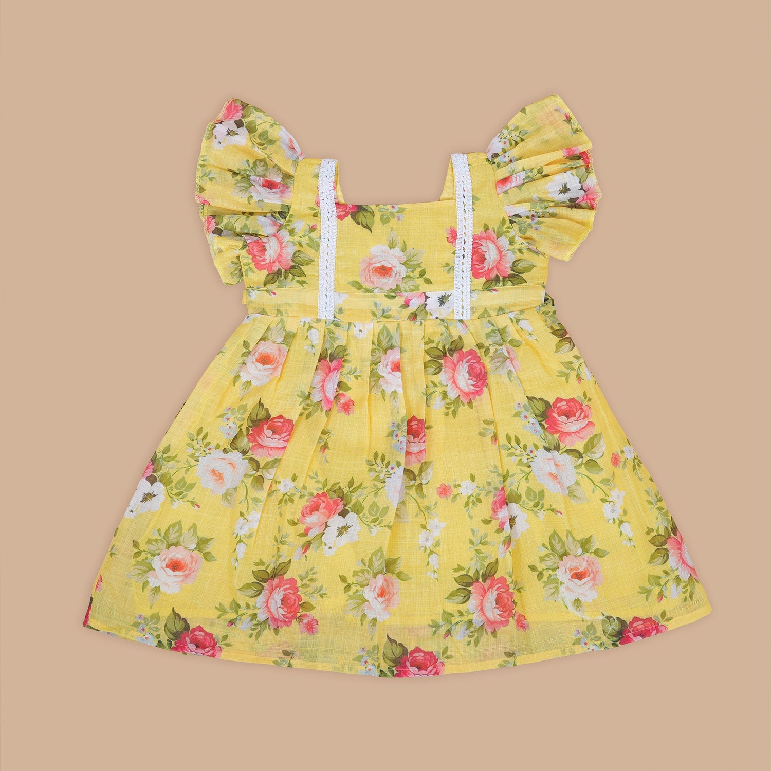 Bright Yellow Floral Printed Linen Frock for Girls – Summer Ready Look