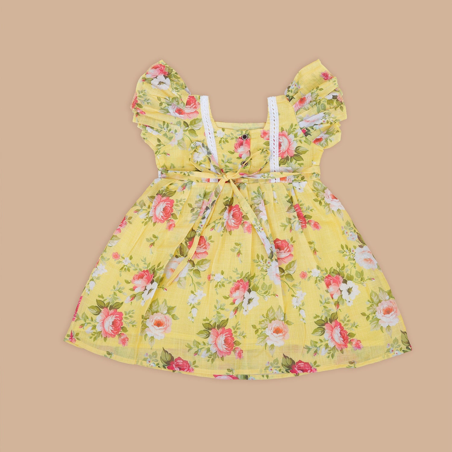 Bright Yellow Floral Printed Linen Frock for Girls – Summer Ready Look