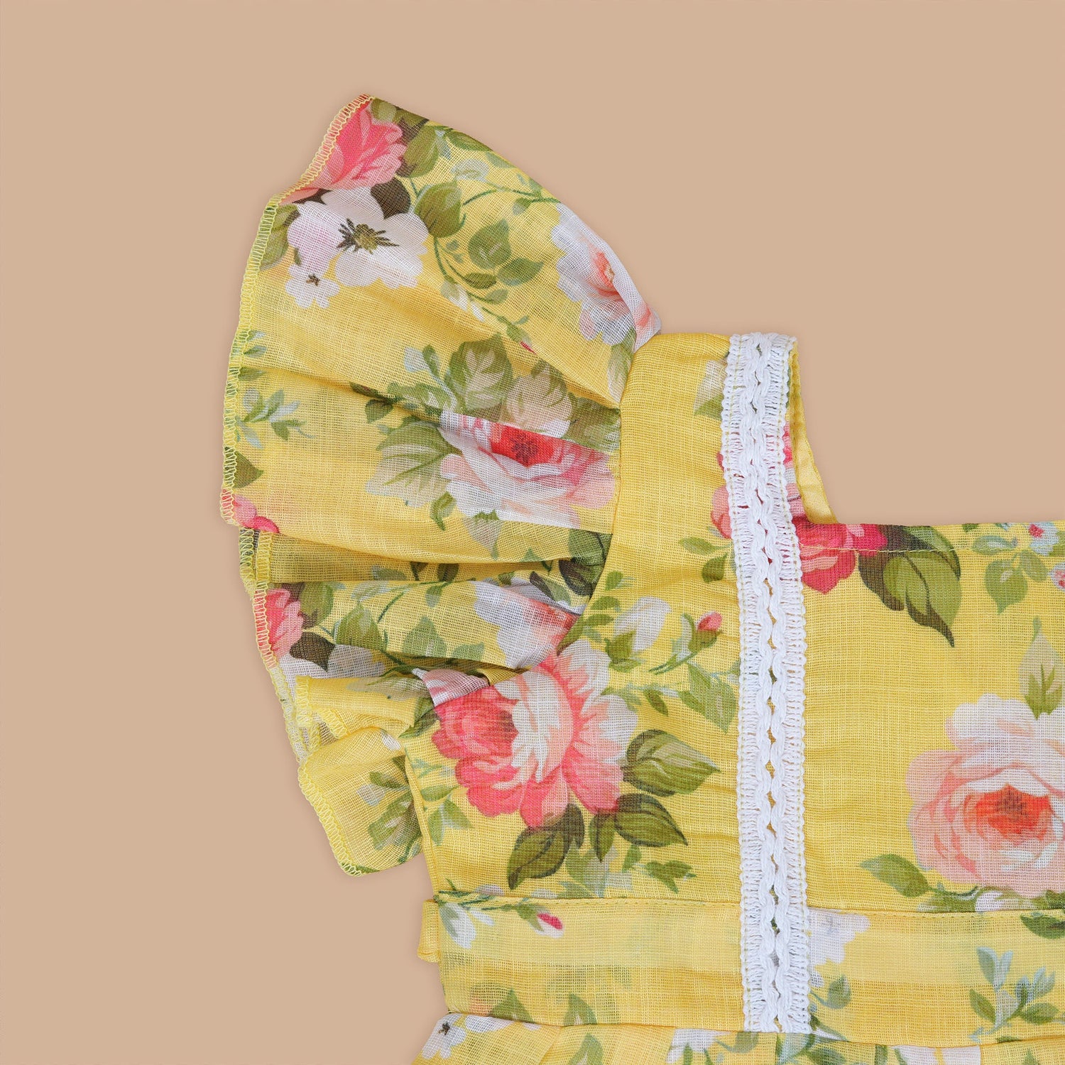 Bright Yellow Floral Printed Linen Frock for Girls – Summer Ready Look