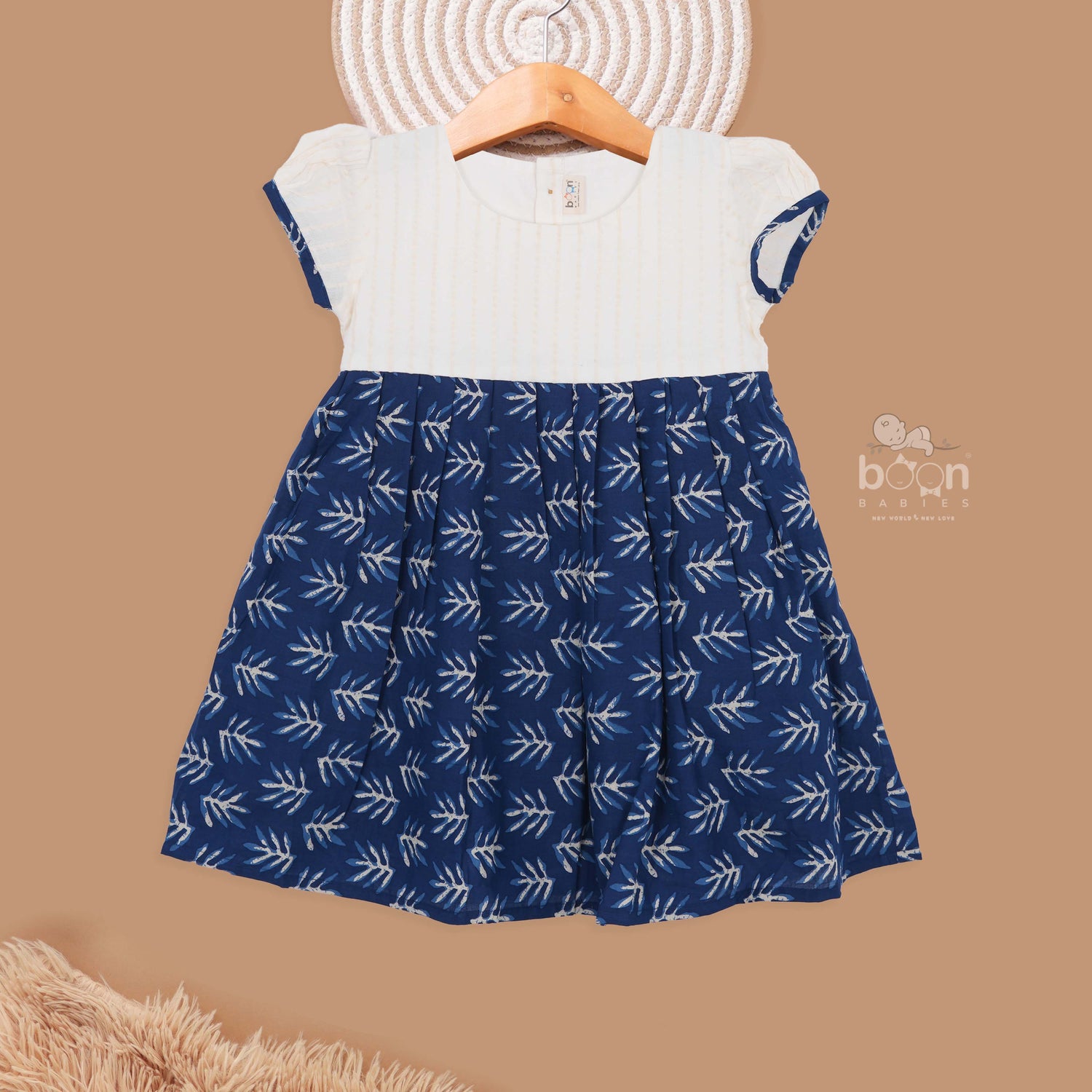 Stylish Kids Cotton Frock with Navy Leaf Print