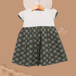Girls' olive green cotton leaf print frock from Boon Babies, charming kids' girls printed frock for ages 6-12 years.