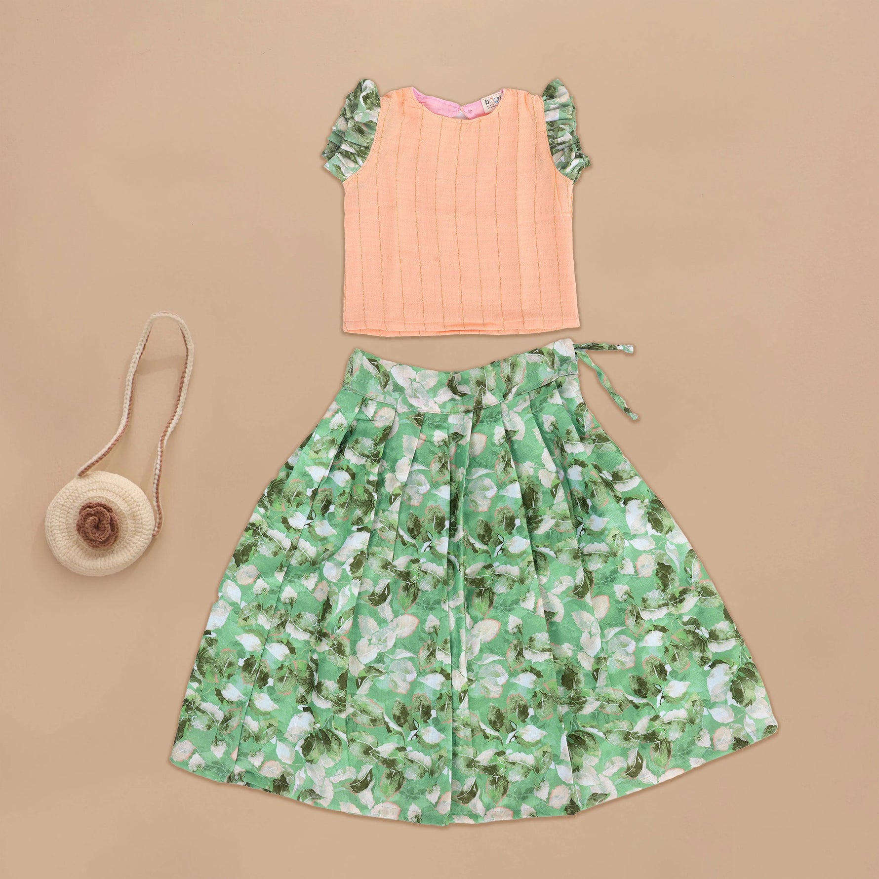Elegant Peach and Green Leaf Skirt Set – Natural Elegance for Girls Boon Babies