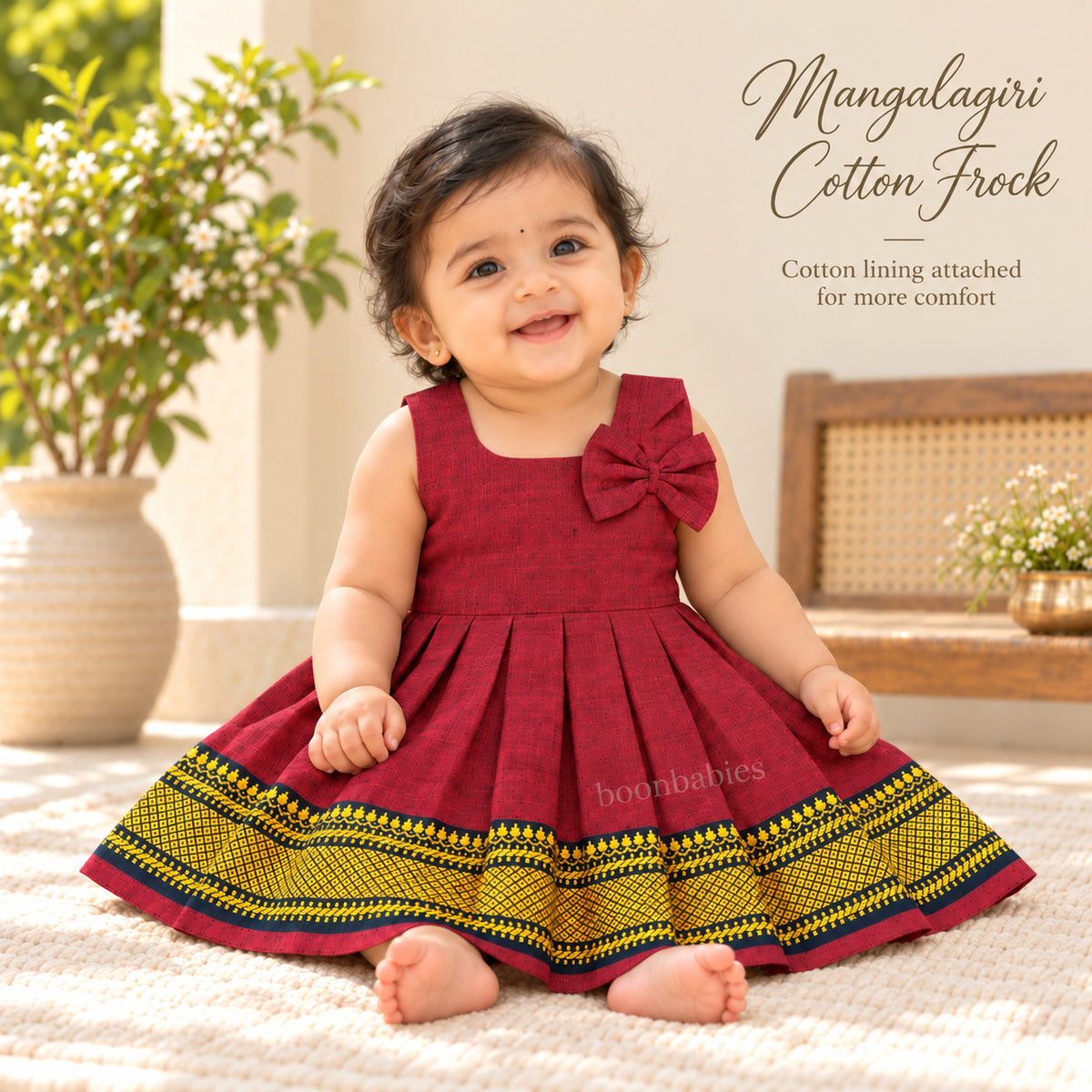 Baby girl wearing maroon Mangalagiri cotton frock with woven border - Boon Babies