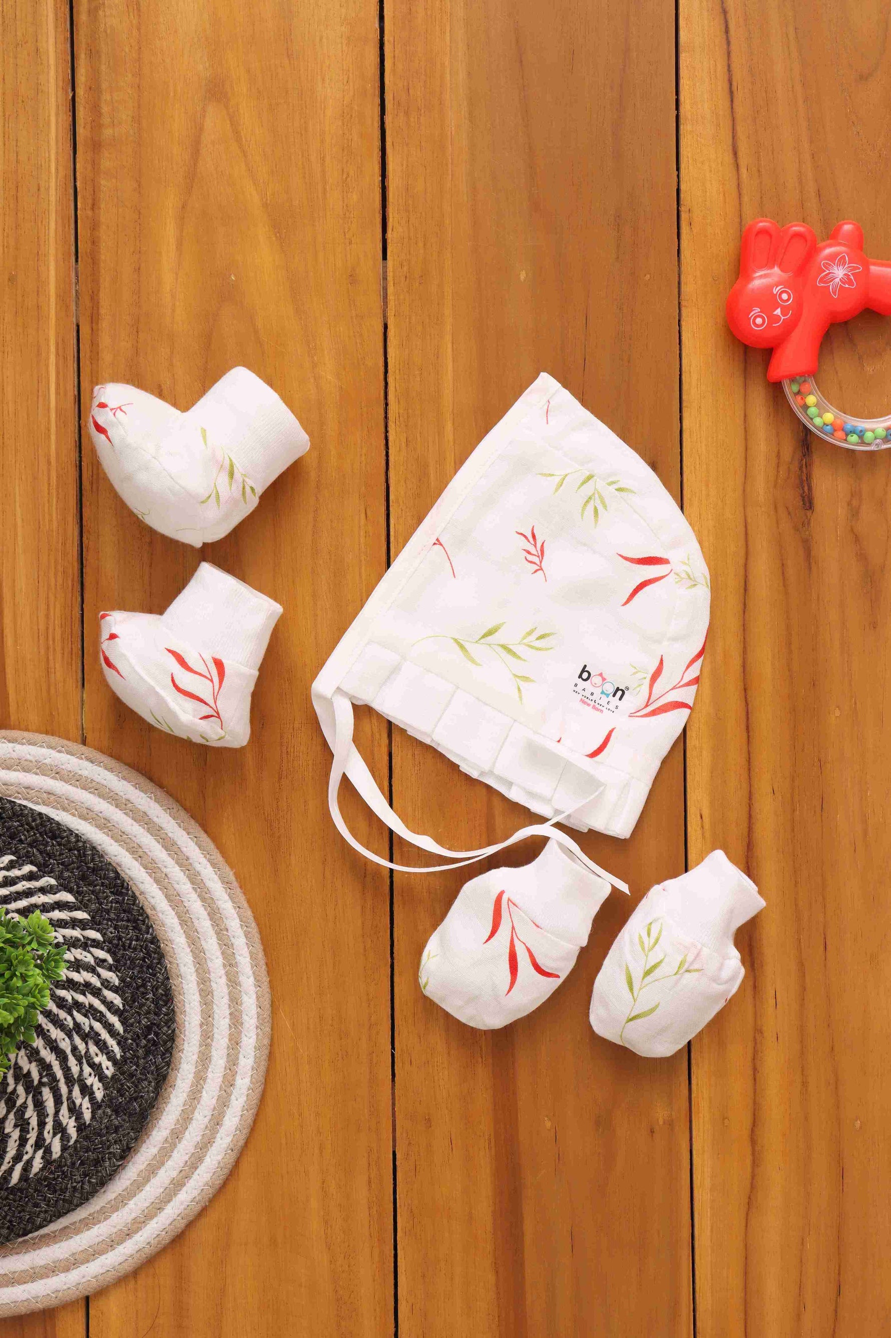 Charming Printed Muslin Cap Set with Mittens and Booties - Adorable Ensemble Boon Babies