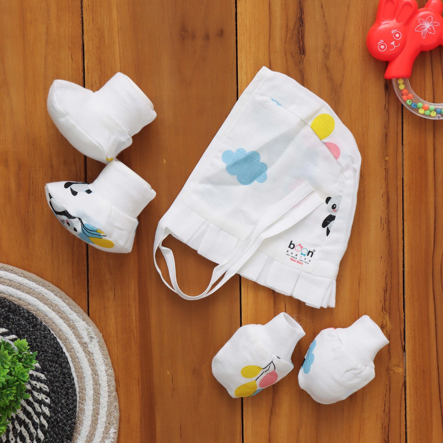 Charming Printed Muslin Cap Set with Mittens and Booties - Adorable Ensemble Boon Babies