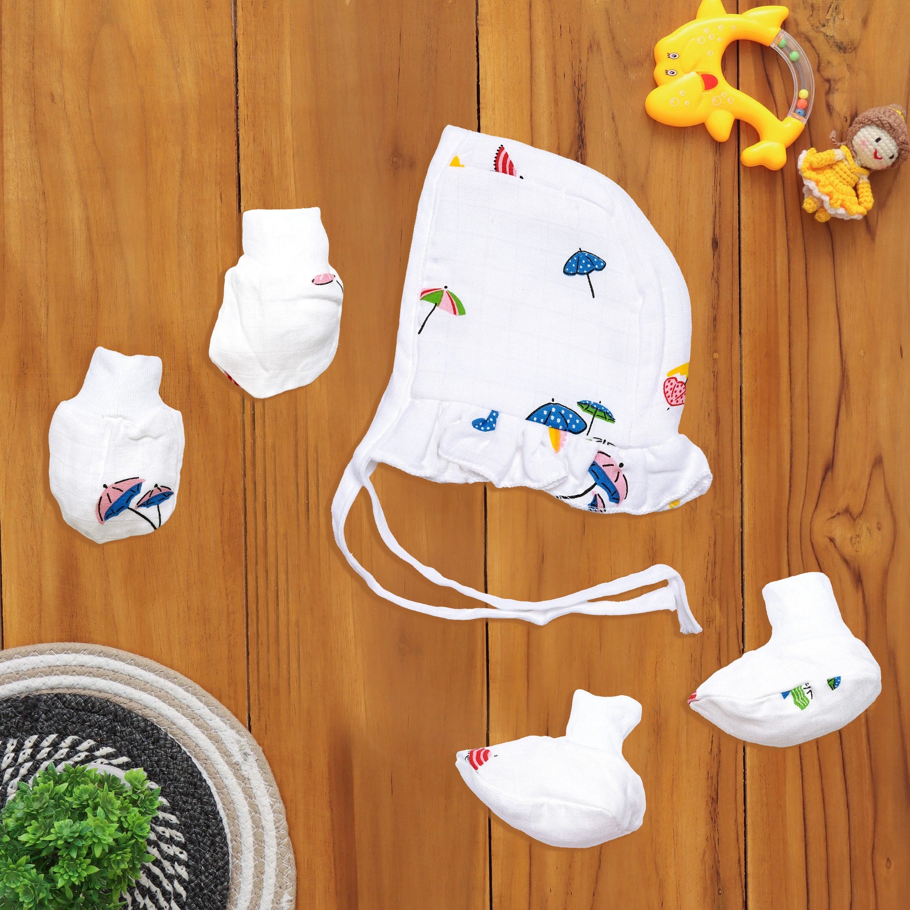 Charming Printed Muslin Cap Set with Mittens and Booties - Adorable Ensemble Boon Babies