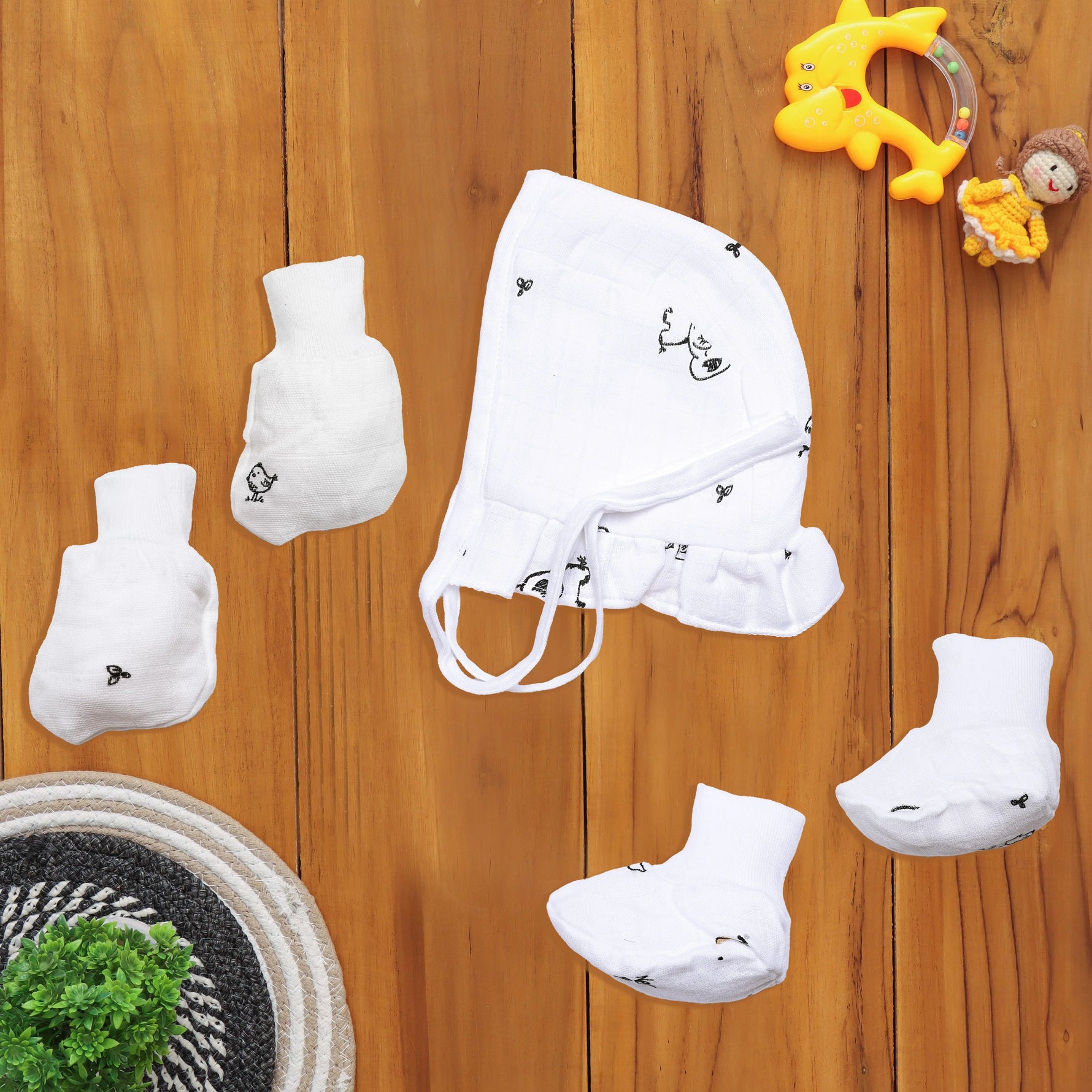 Charming Printed Muslin Cap Set with Mittens and Booties - Adorable Ensemble Boon Babies
