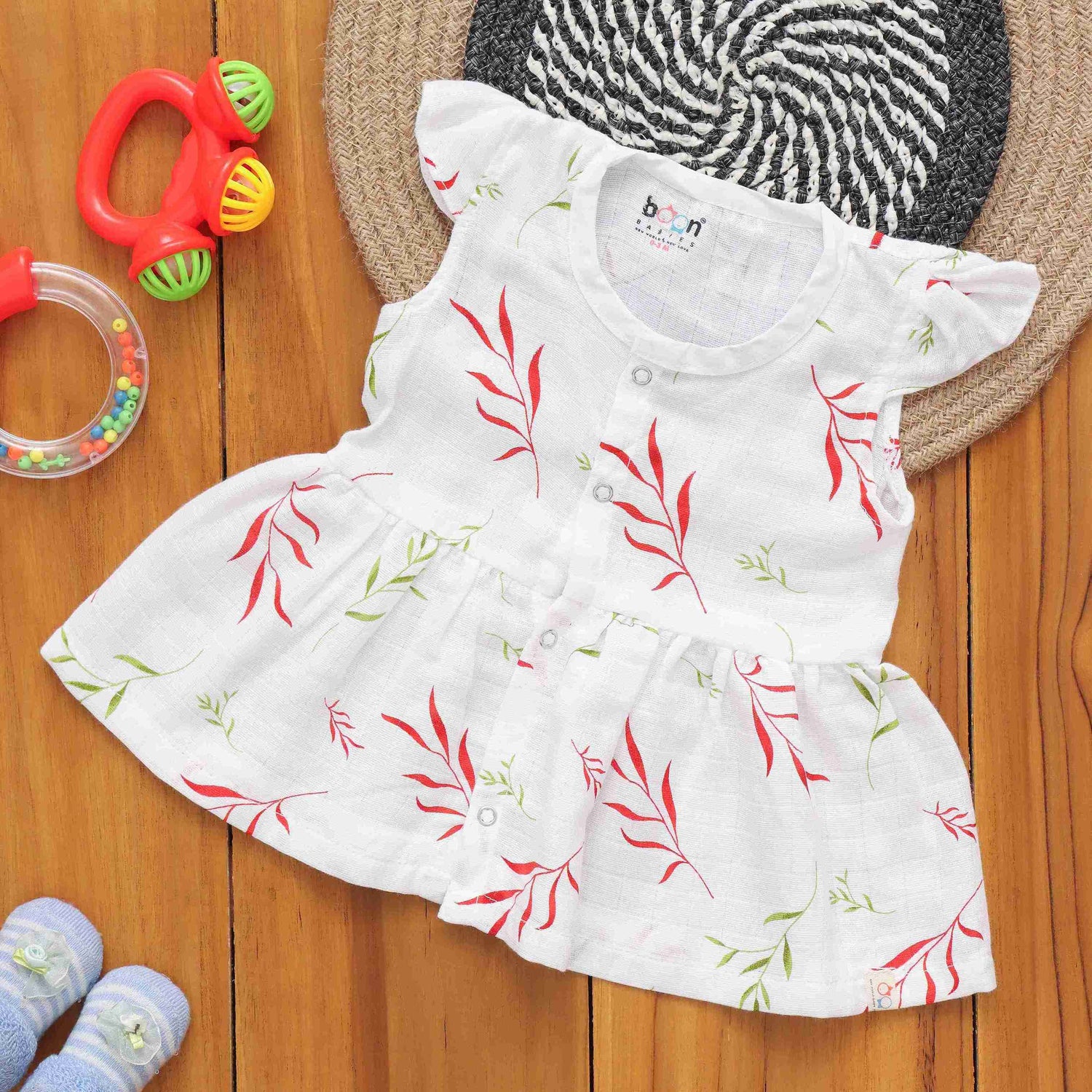  boonbabies Printed Capsleeve Frock Leafy Delight Capsleeve Muslin Frock – Natural Elegance