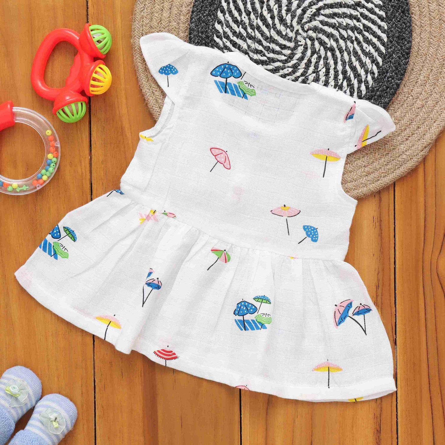 Umbrella Charm Capsleeve Muslin Frock – Playful and Breezy Boon Babies