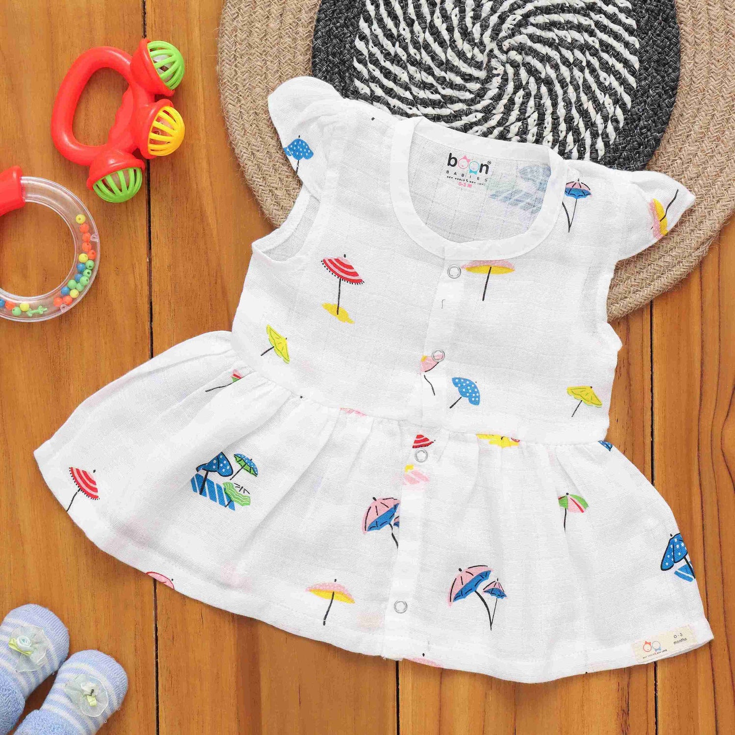 Umbrella Charm Capsleeve Muslin Frock – Playful and Breezy Boon Babies