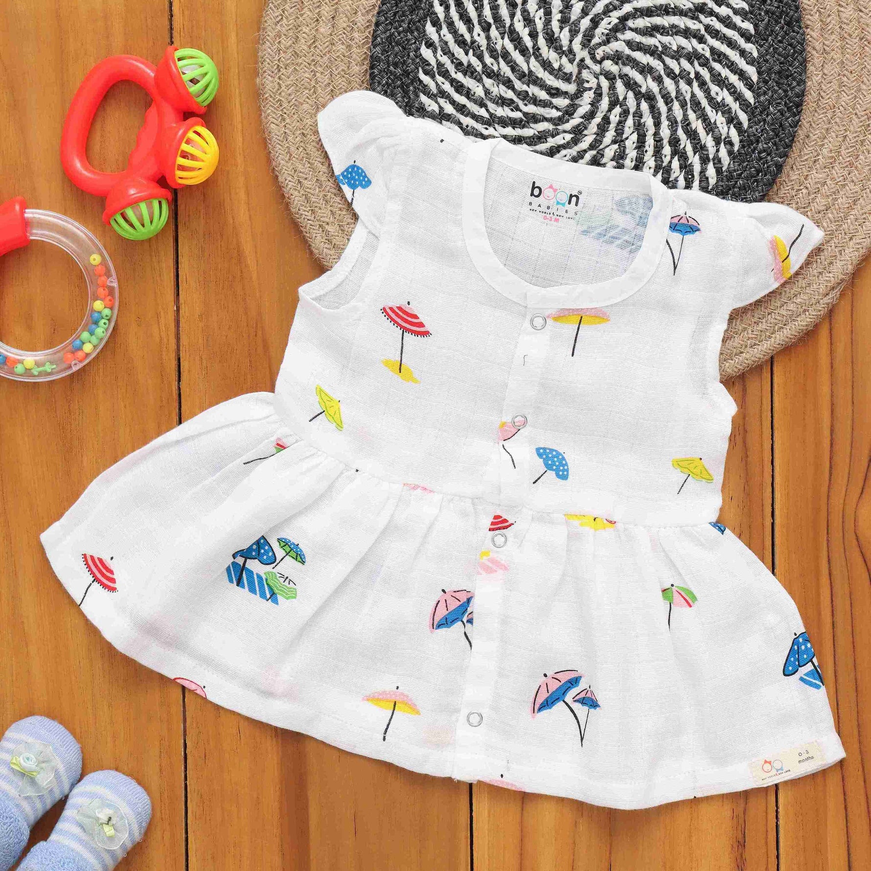 Umbrella Charm Capsleeve Muslin Frock – Playful and Breezy Boon Babies