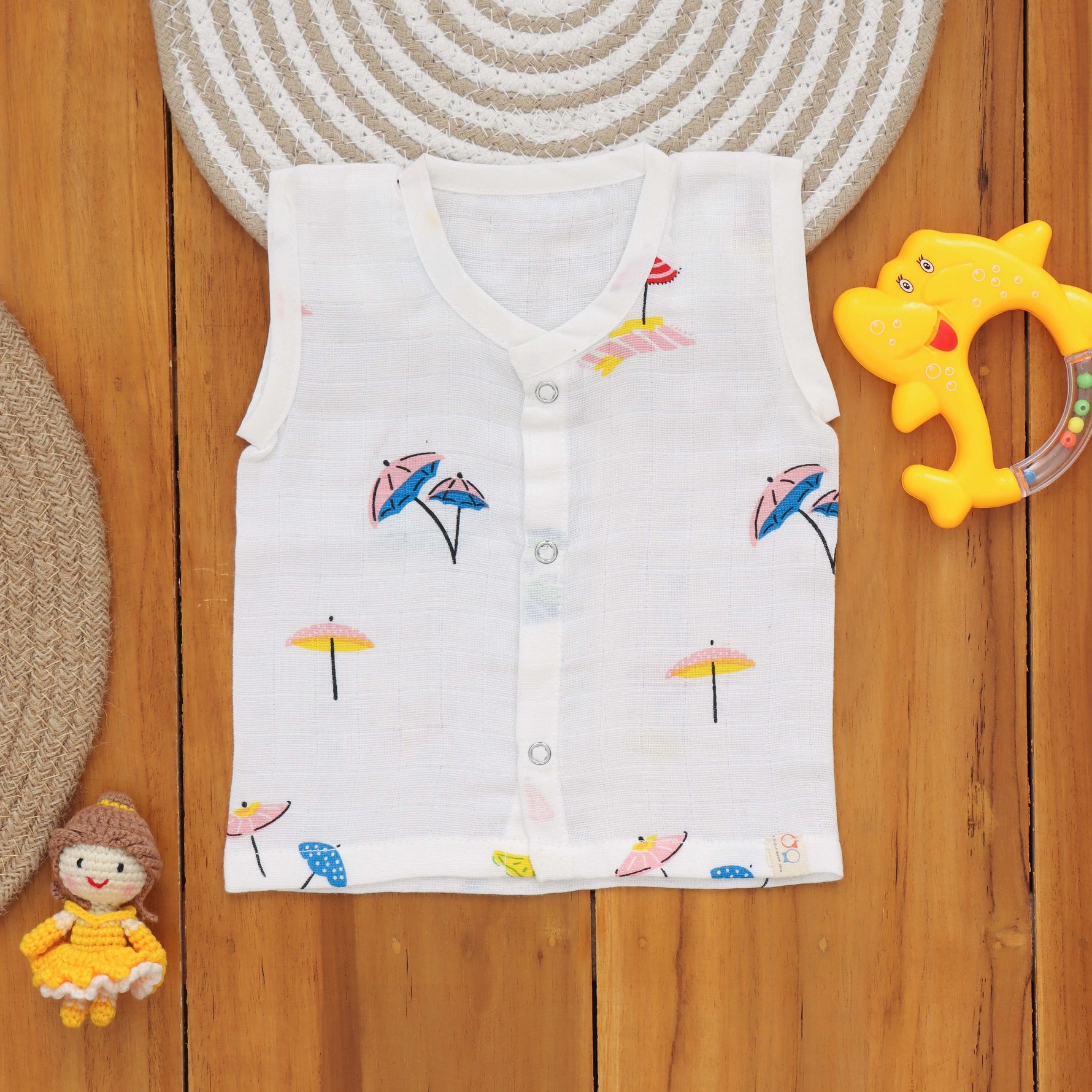Soft, breathable printed muslin baby jabla with umbrella print by Boon Babies, suitable for 3-month-old infants.