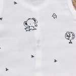 Organic muslin babywear by Boon Babies, printed jabla with elephant design, soft, breathable, white 2-layer fabric for 0-3 months.