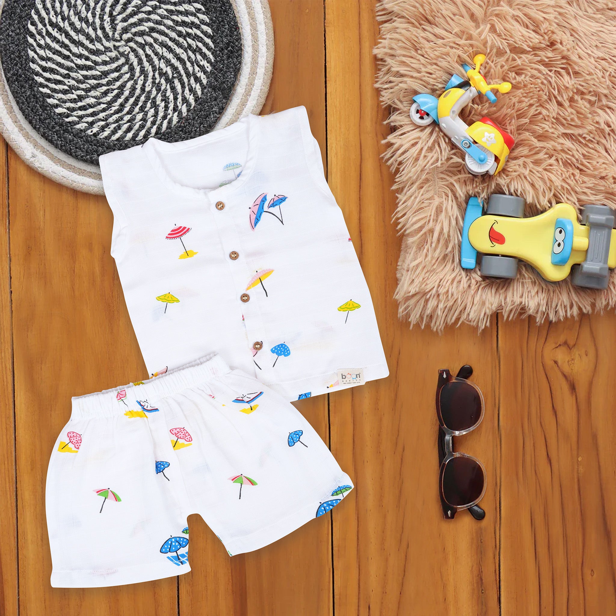 Adorable Boon Babies printed muslin jabla and shorts combo for babies, breathable and stylish, featuring a colorful umbrella pattern.
