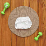 White muslin baby nappy with bunny print. For 0–3 months. Soft, reusable, and skin-friendly with easy tie closure.