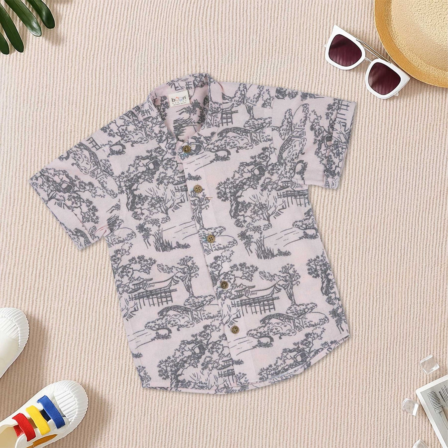 Boys Cotton Mandarin Collar Scenic Printed Shirt