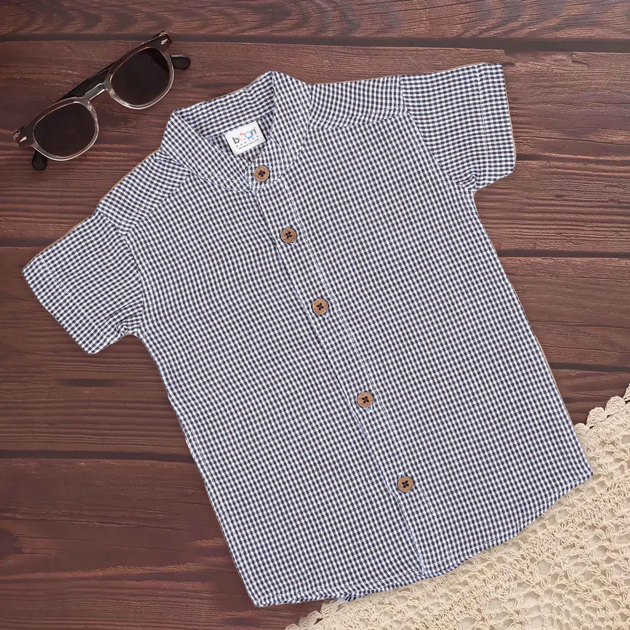 Black Gingham Check Cotton Shirt for boys with Chinese collar, printed Boon Babies cotton shirt in size 6-12 months.