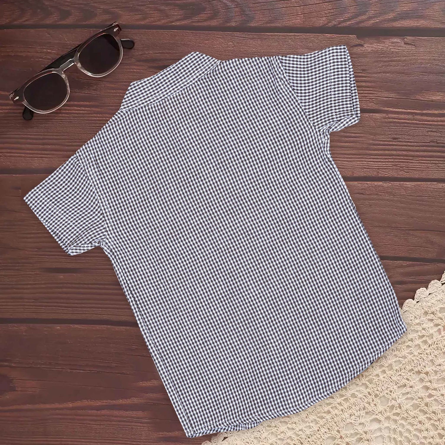 Black Gingham Check Cotton Shirt – Chinese Collar for Boys