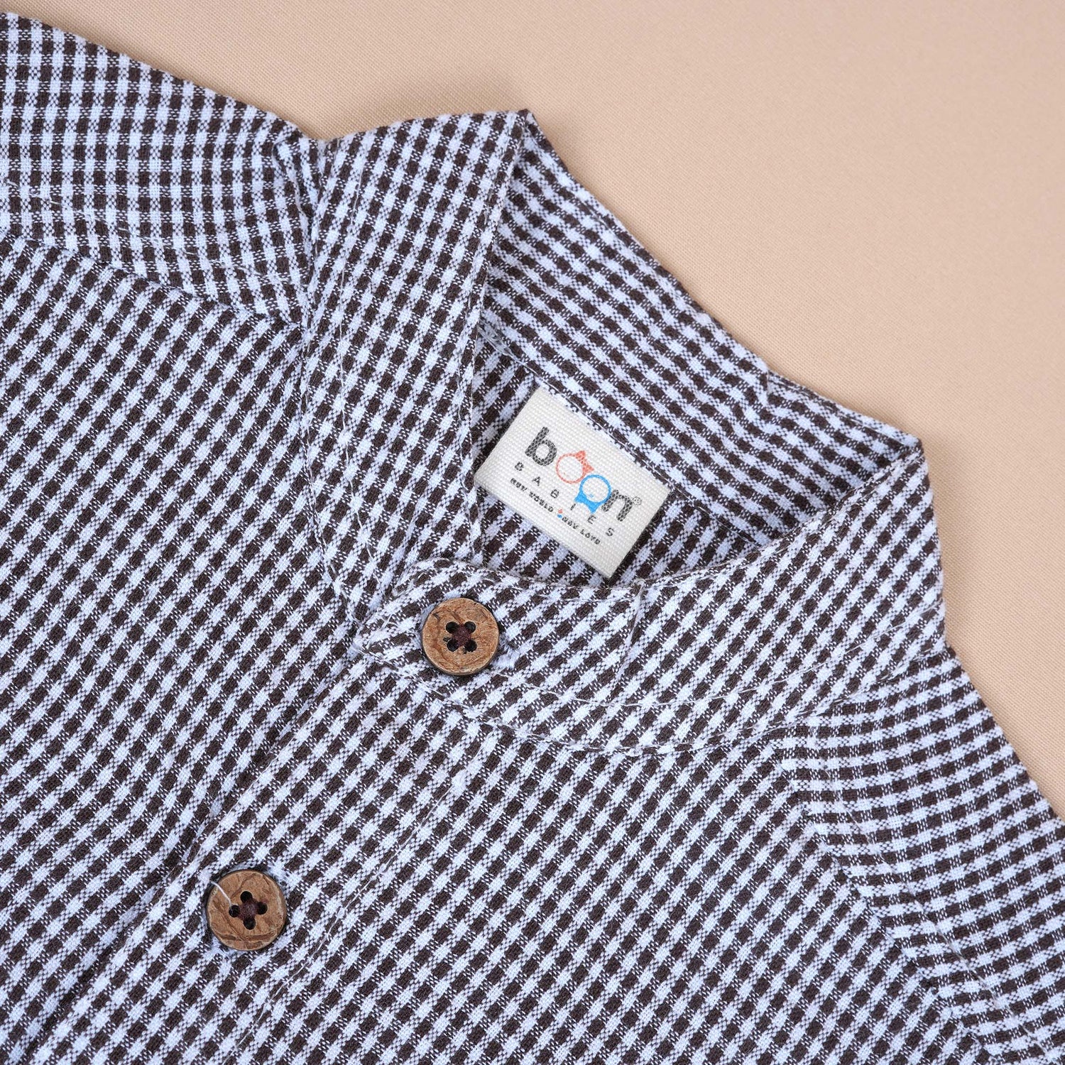 Black Gingham Check Cotton Shirt – Chinese Collar for Boys