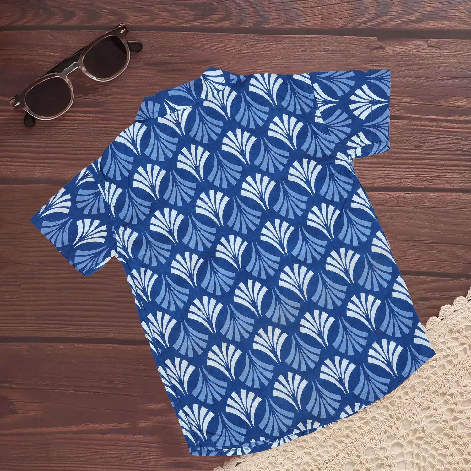 Blue Fan Print Cotton Shirt – Chinese Collar for Boys