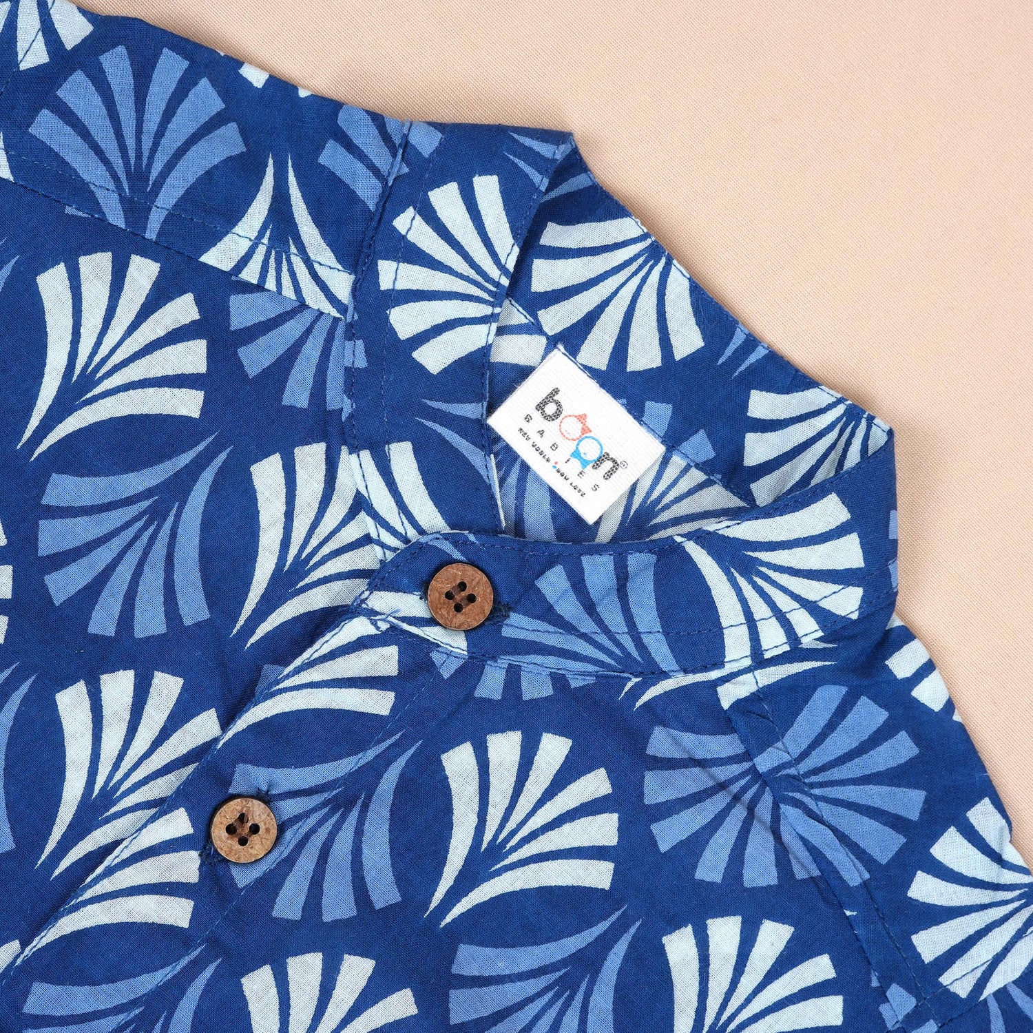 Blue Fan Print Cotton Shirt – Chinese Collar for Boys