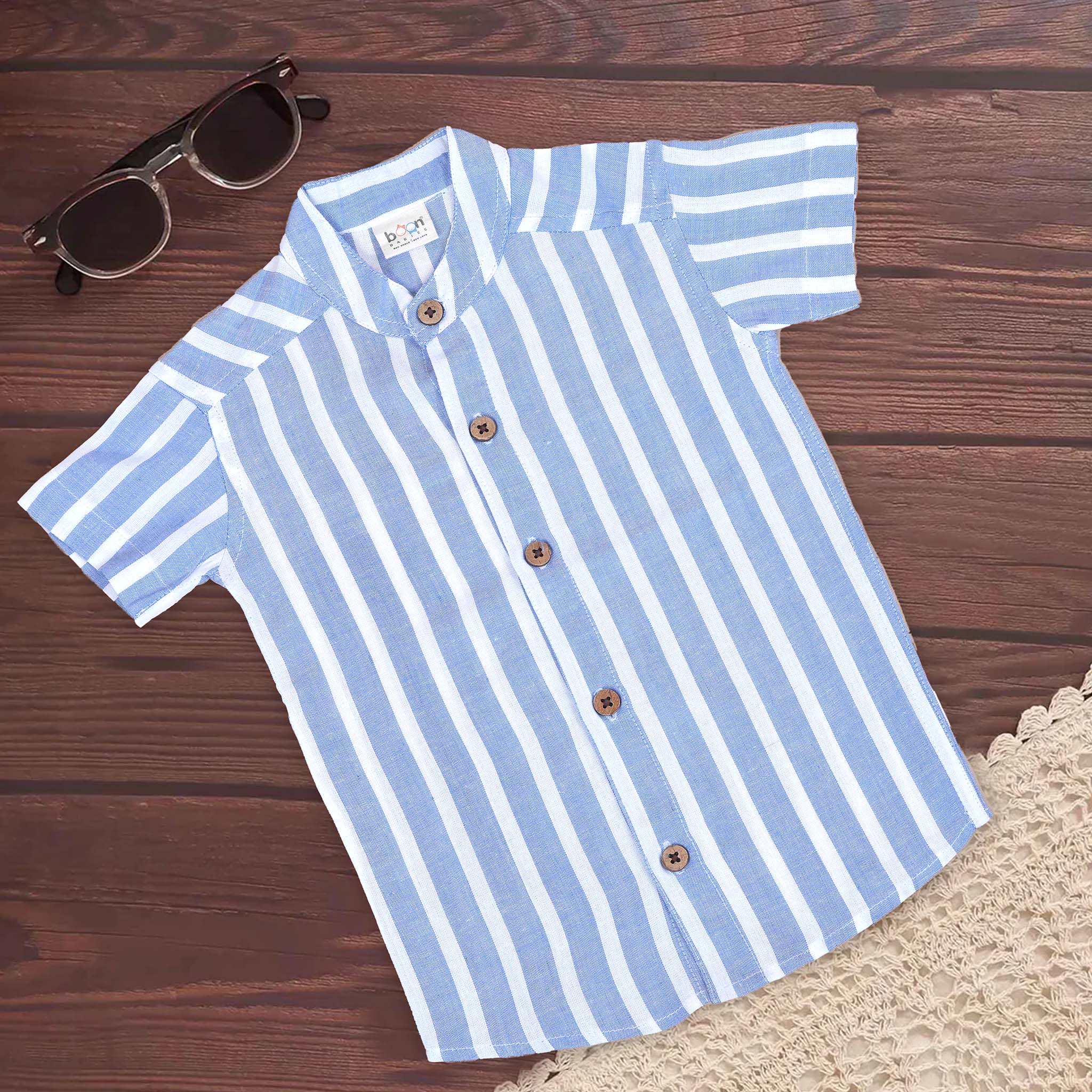 Blue striped cotton boys' shirt with Chinese collar by Boon Babies, featuring a printed design and comfortable fit for 6-12 months.