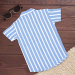 Blue striped cotton boys' shirt with Chinese collar by Boon Babies, featuring a printed design and comfortable fit for young children.
