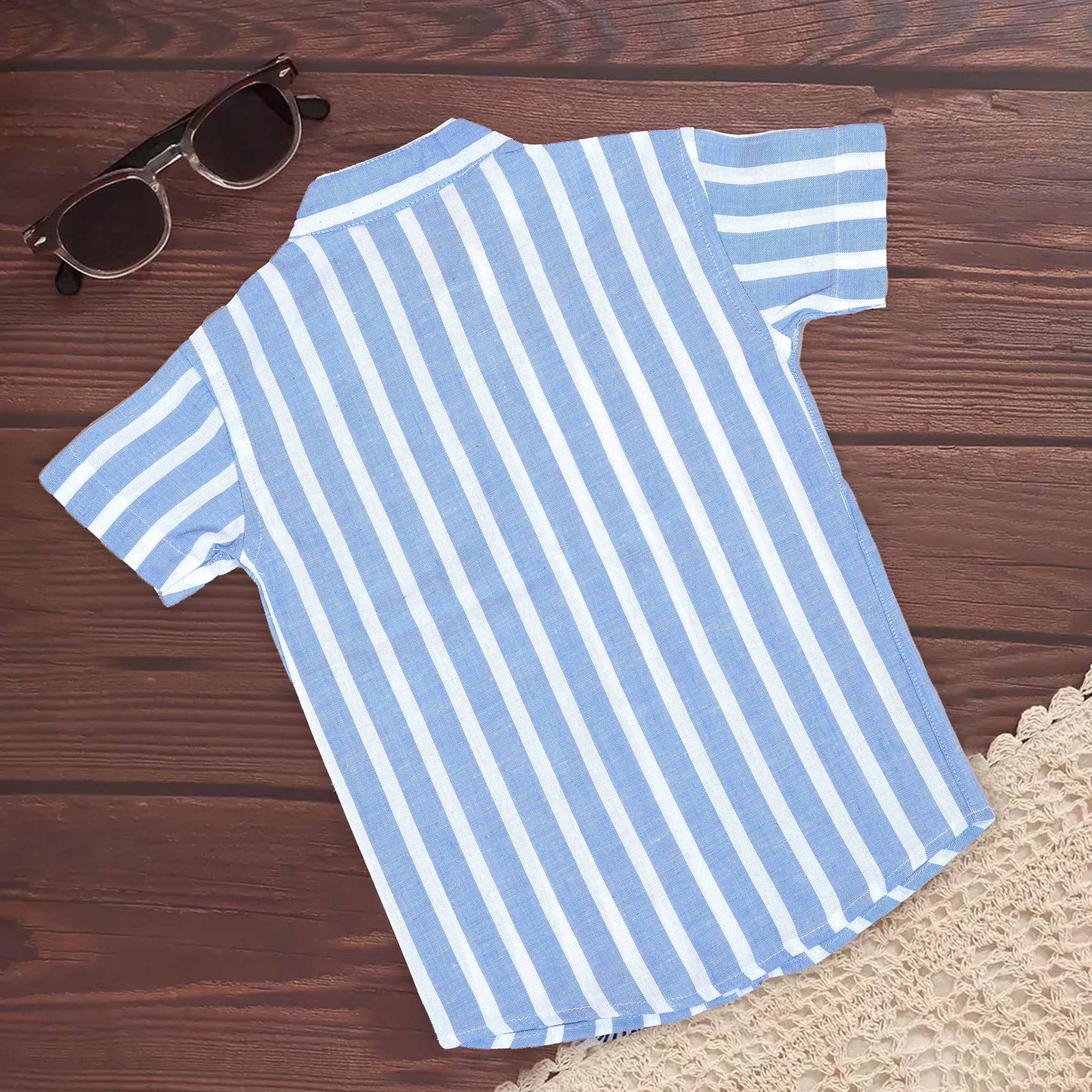 Blue striped cotton boys' shirt with Chinese collar by Boon Babies, featuring a printed design and comfortable fit for young children.