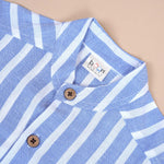 Blue striped cotton shirt with Chinese collar for boys, by Boon Babies, featuring a printed design suitable for infants aged 6-12 months.
