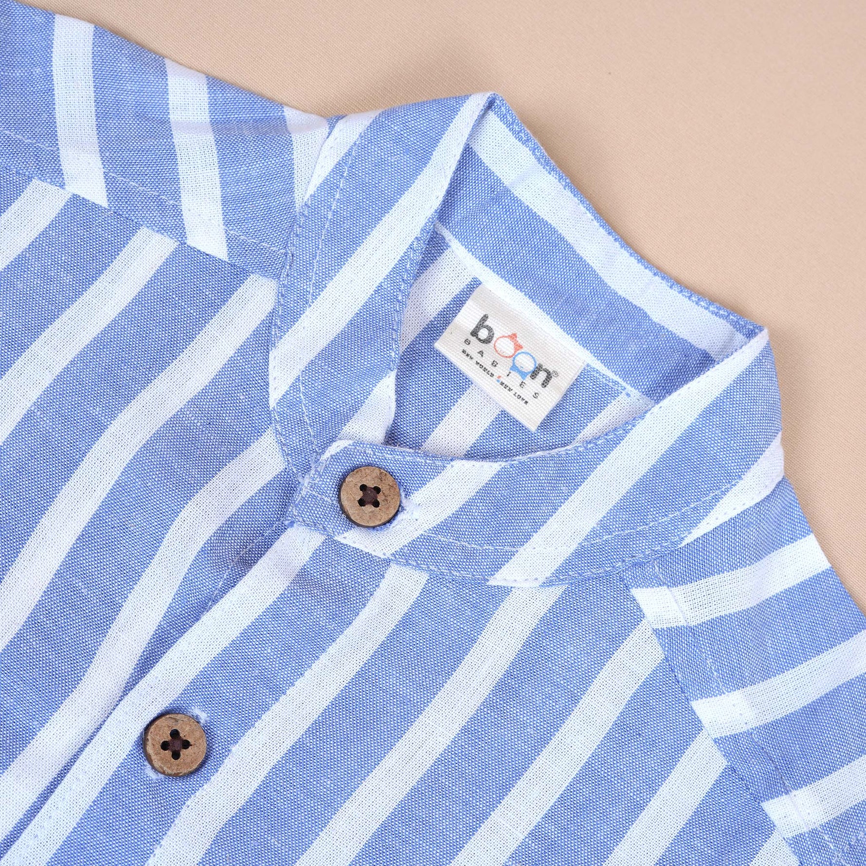Blue striped cotton shirt with Chinese collar for boys, by Boon Babies, featuring a printed design suitable for infants aged 6-12 months.