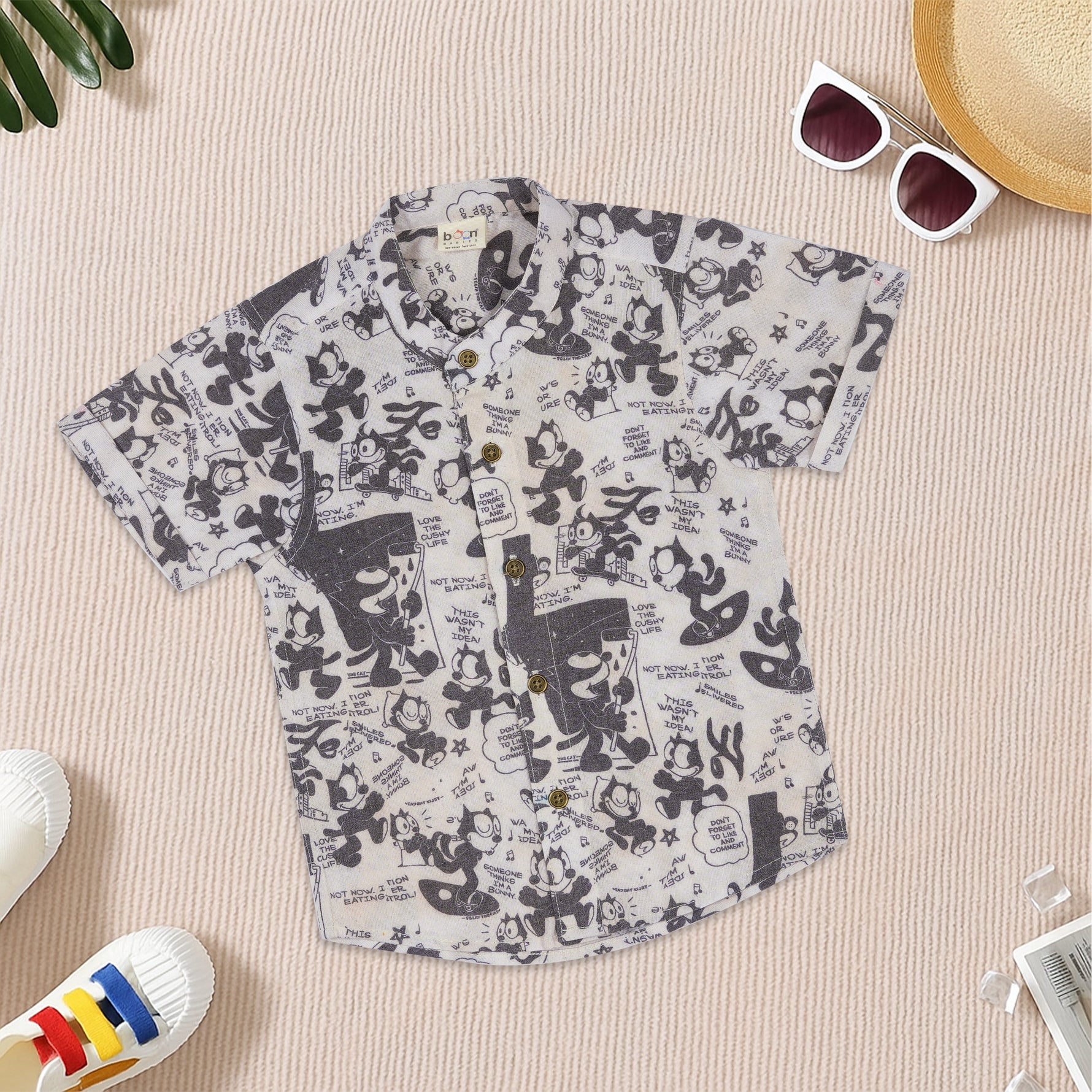 Boys cotton Mandarin collar cartoon printed shirt by Boon Babies, featuring colorful cartoon designs and Chinese collar style.