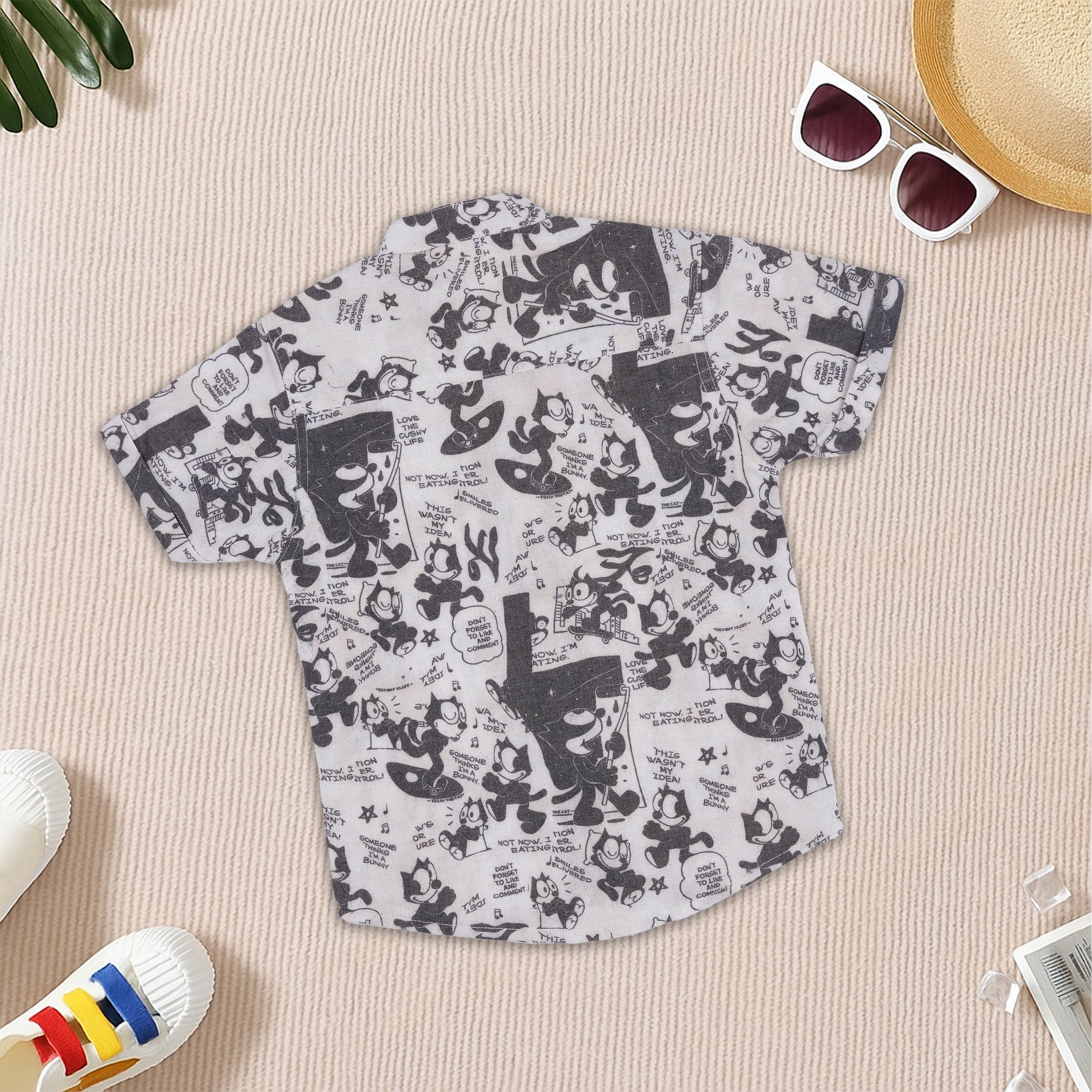 Boys cotton Mandarin collar printed shirt with cartoon design from Boon Babies, suitable for ages 6-12 months.