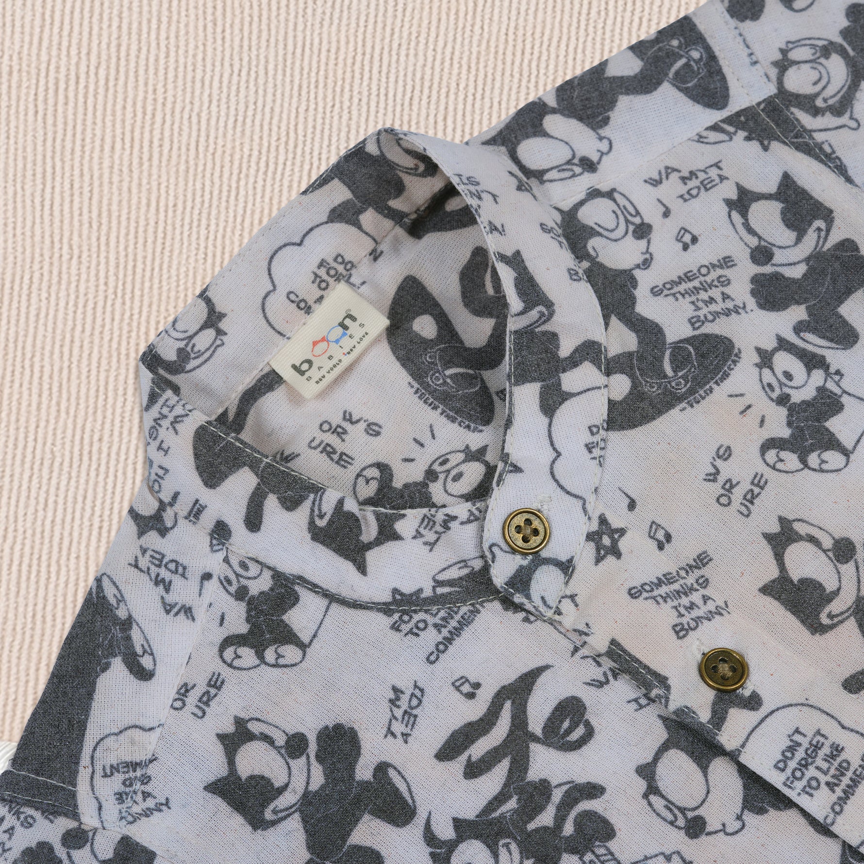 Boys cotton Mandarin collar cartoon printed shirt by Boon Babies, featuring colorful cartoon designs and Chinese collar style for ages 6-12 months.
