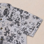 Boys cotton Mandarin collar printed shirt with cartoon design, Chinese collar, by Boon Babies, for ages 6-12 months.