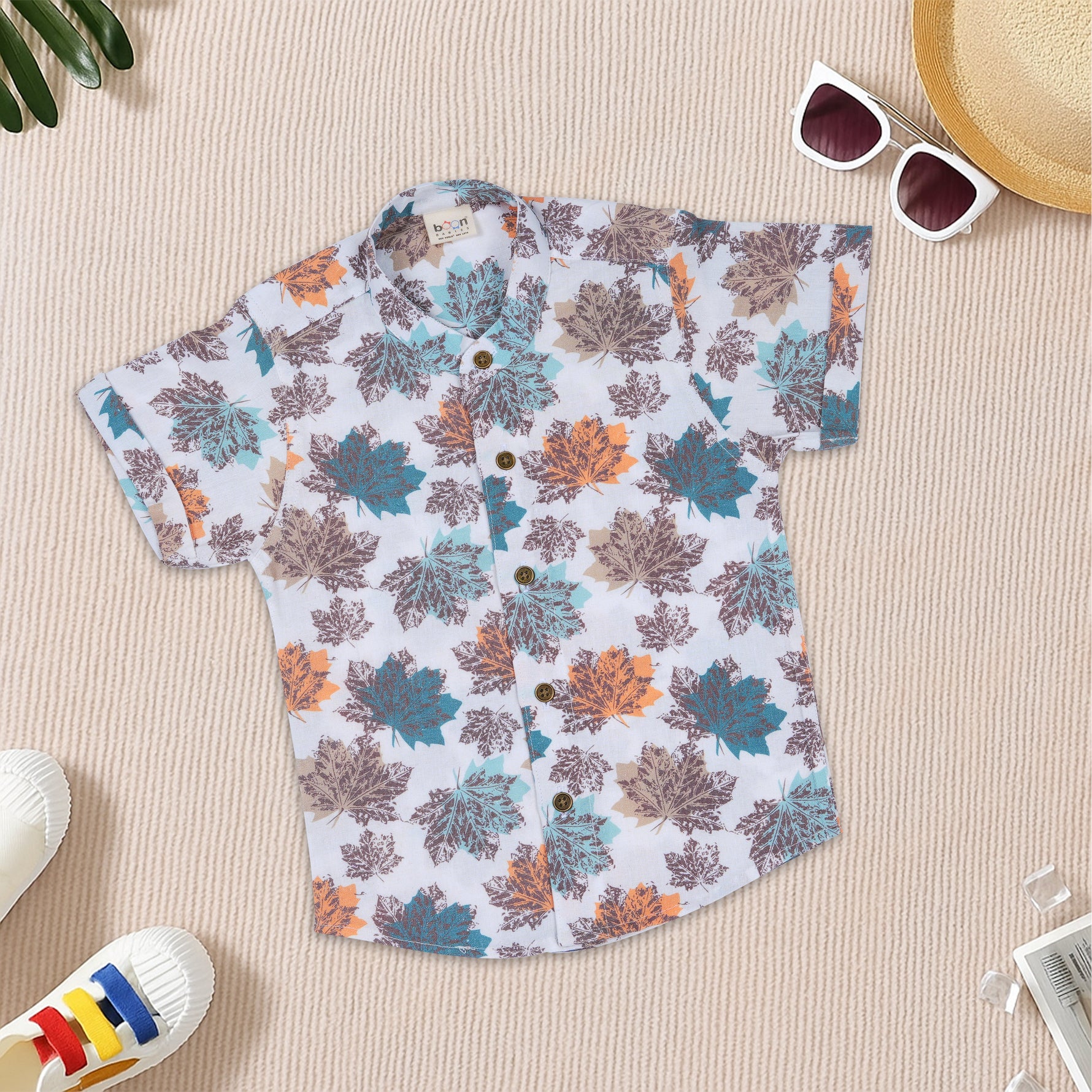 Boys cotton Mandarin collar printed shirt with leaf pattern, from Boon Babies, featuring a Chinese collar and leaf design.